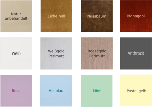 Preview: Farbauswahl der Wanddekoration Mahagoni, Nussbaum, Anthrazit, Eiche, Pastell